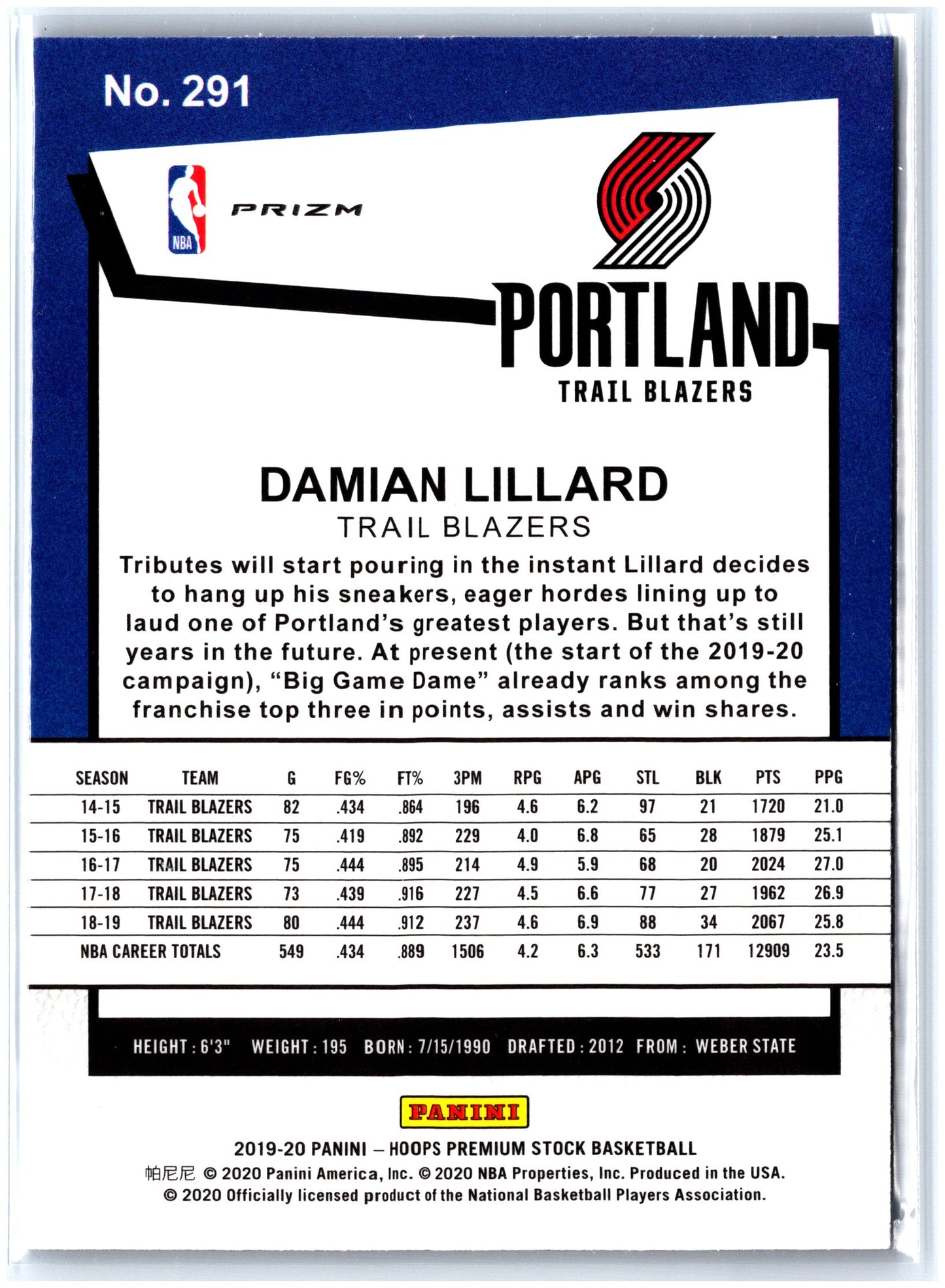 2019-20 Hoops Premium Stock #291 Damian Lillard Prizms Pulsar
