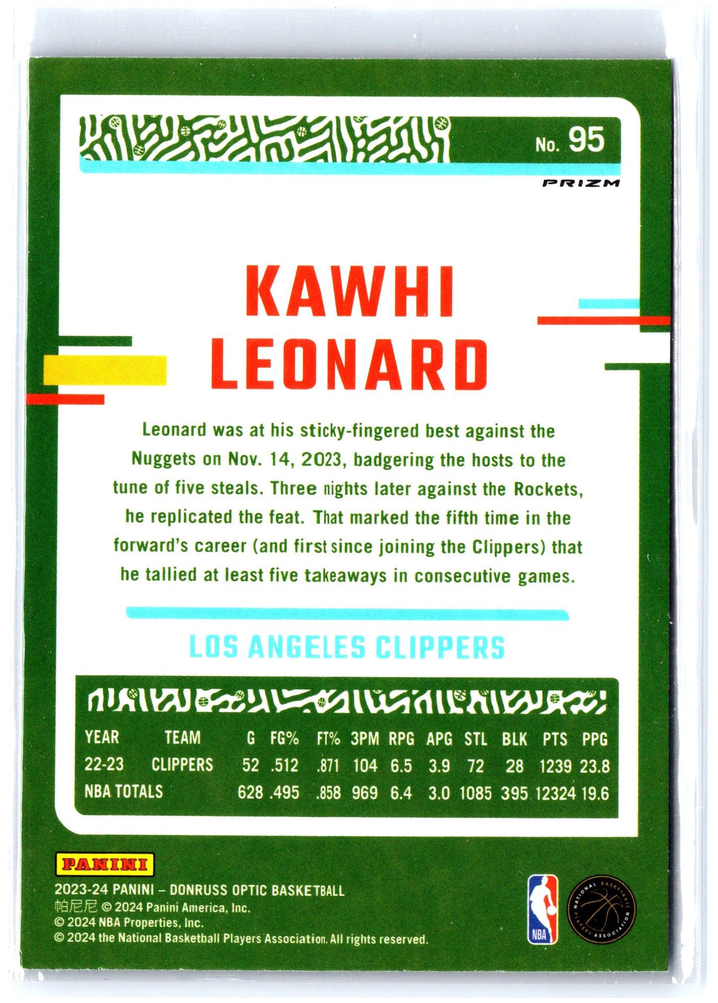 2023-24 Donruss Optic #95 Kawhi Leonard Purple