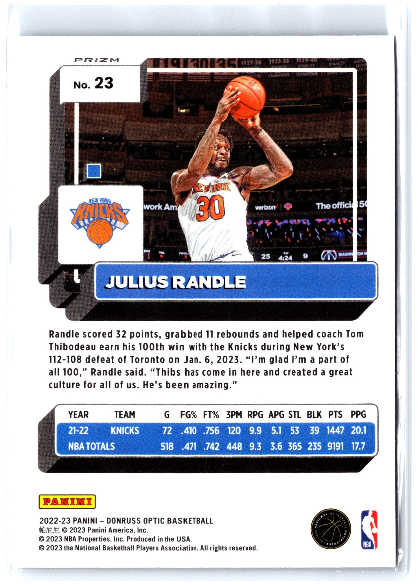 2022-23 Donruss Optic #23 Julius Randle Purple