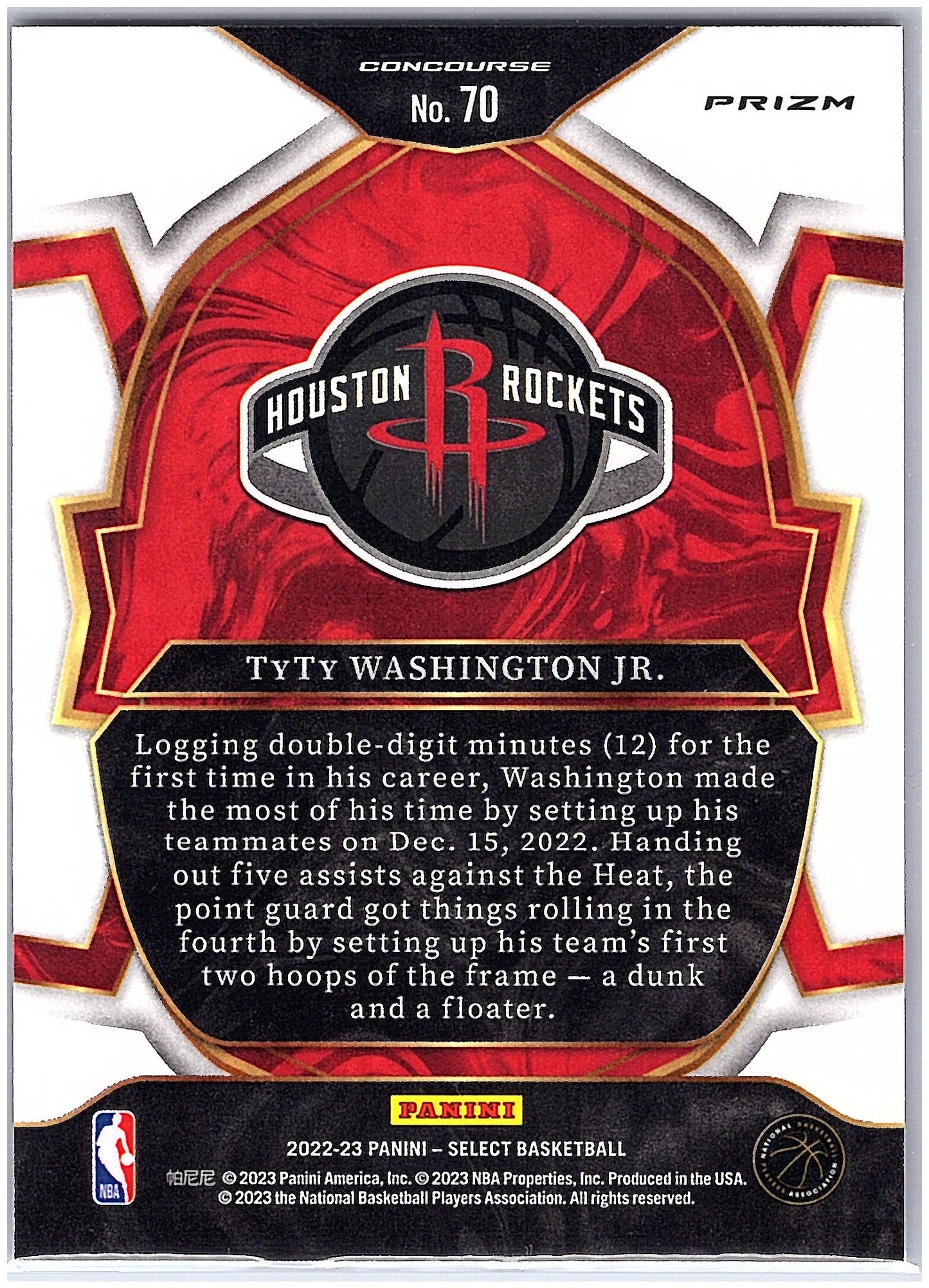 2022-23 Panini Select #70 TyTy Washington Jr. Tri-Color Prizms