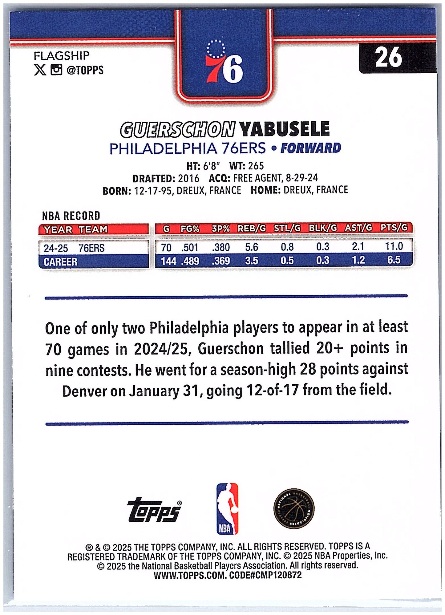 2025-26 Topps #26 Guerschon Yabusele Blue Holo Foil #/150