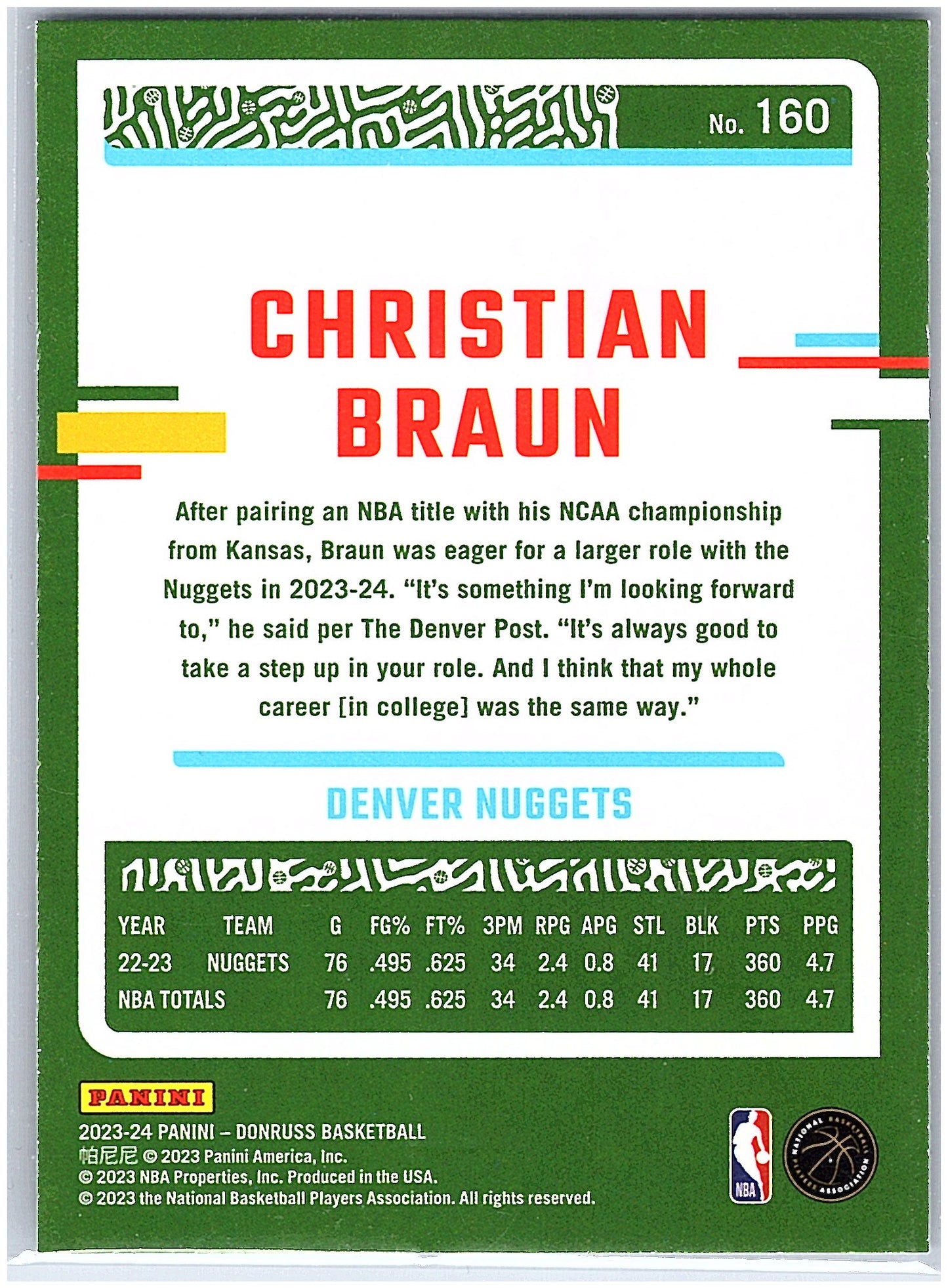 2023-24 Donruss #160 Christian Braun Green Laser Holo