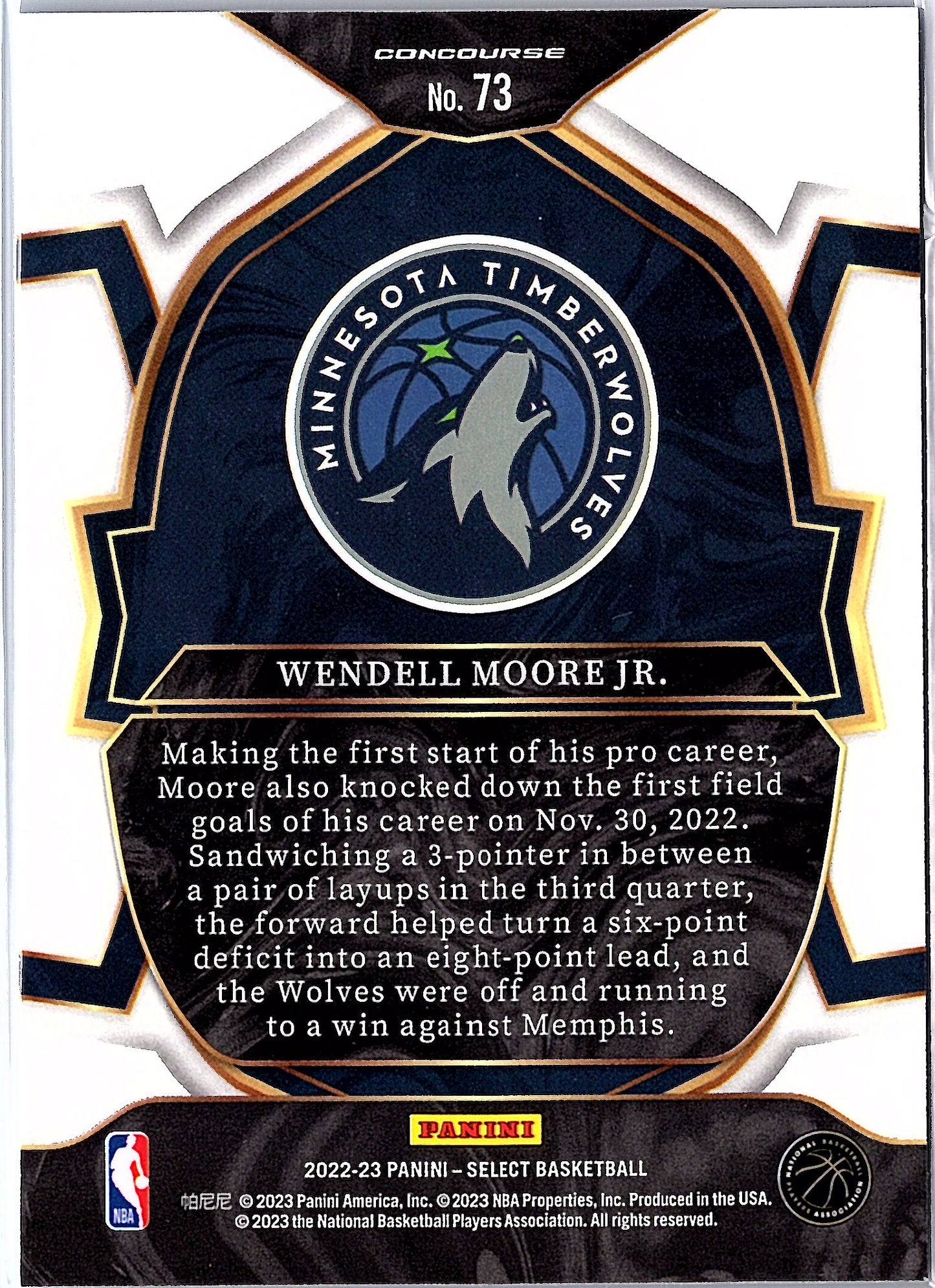 2022-23 Panini Select #73 Wendell Moore Jr. Blue (Retail Base)