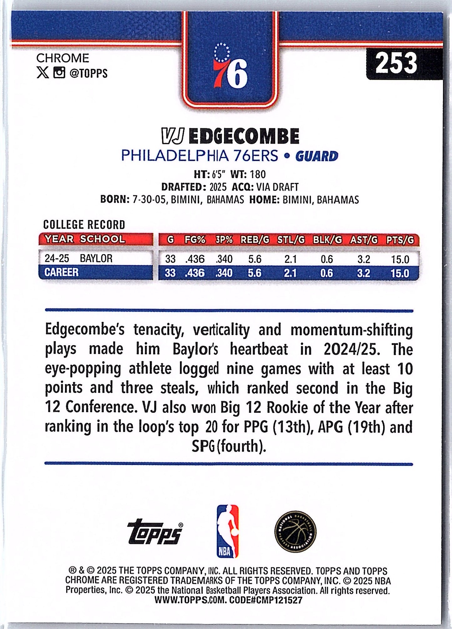 2025-26 Topps Chrome #253 VJ Edgecombe Prism Refractor