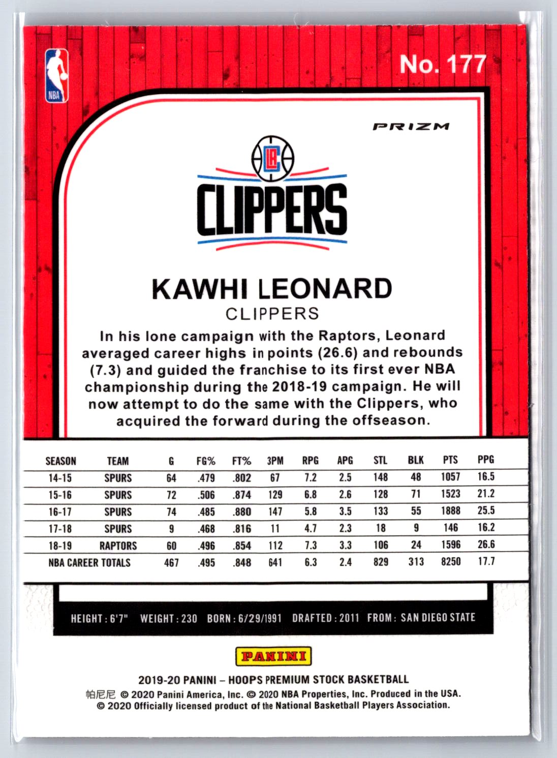 2019-20 Hoops Premium Stock #177 Kawhi Leonard Prizms Pulsar
